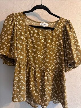 Polagram Olive Green Floral Babydoll Top Size Small Puff Sleeve